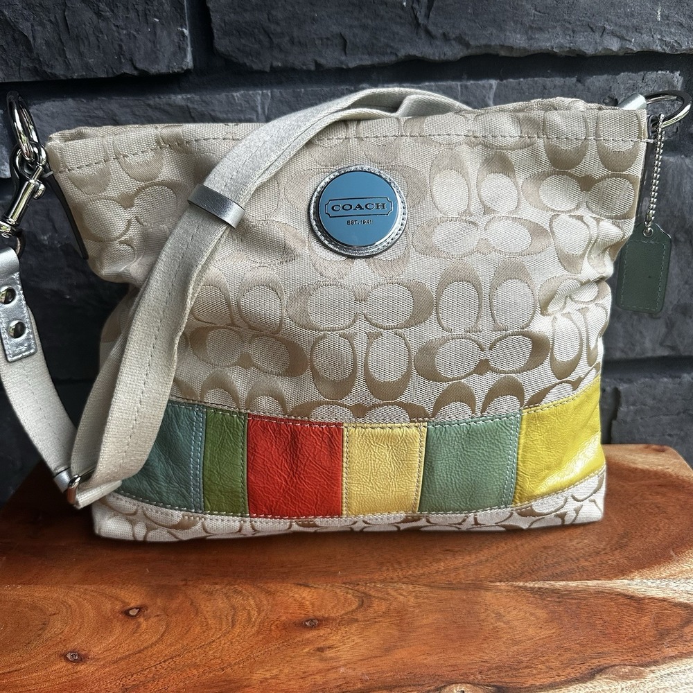 Coach Signature Beige Canvas Multicolor Stripe Zipper Closure Crossbody Bag Y2K